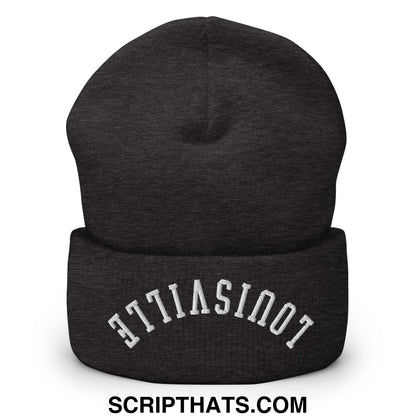 A dark heather gray knit beanie with folded cuff and white collegiate-style upside down louisville embroidery