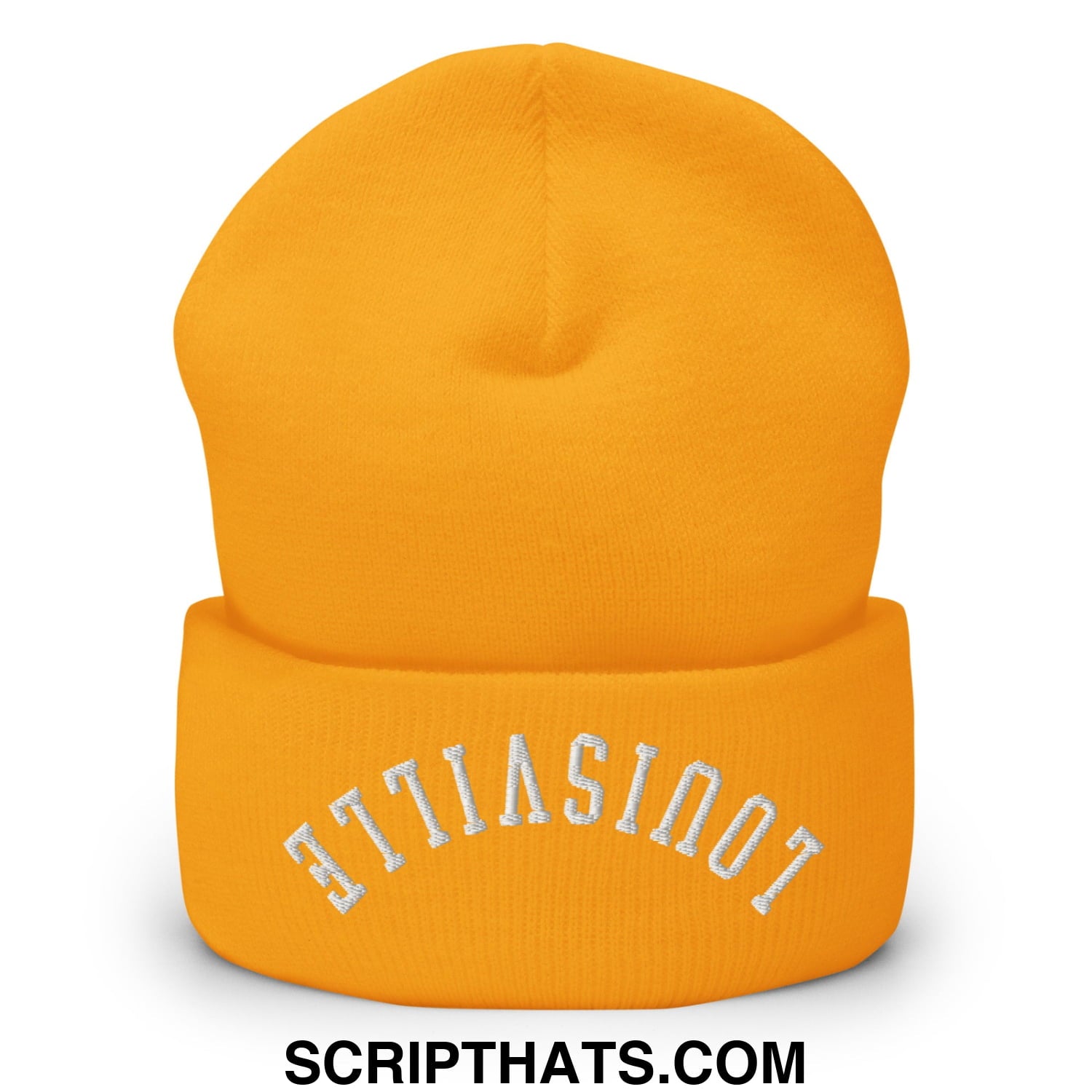A vibrant orange knit cuffed beanie with upside down louisville embroidered in white on the folded cuff