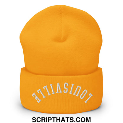 A vibrant orange knit cuffed beanie with upside down louisville embroidered in white on the folded cuff