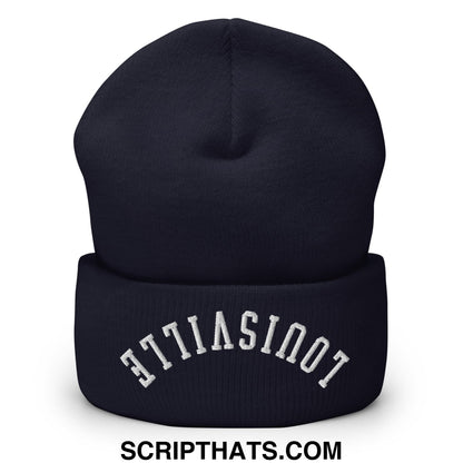 A navy blue knit beanie with a folded cuff embroidered with white upside down louisville text not a titan