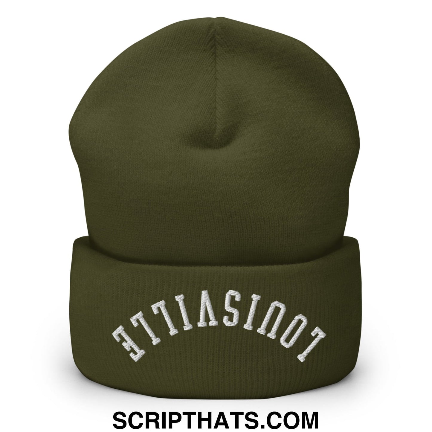 Olive green knit beanie with white embroidered atlantis arch on cuff from upside down louisville collection