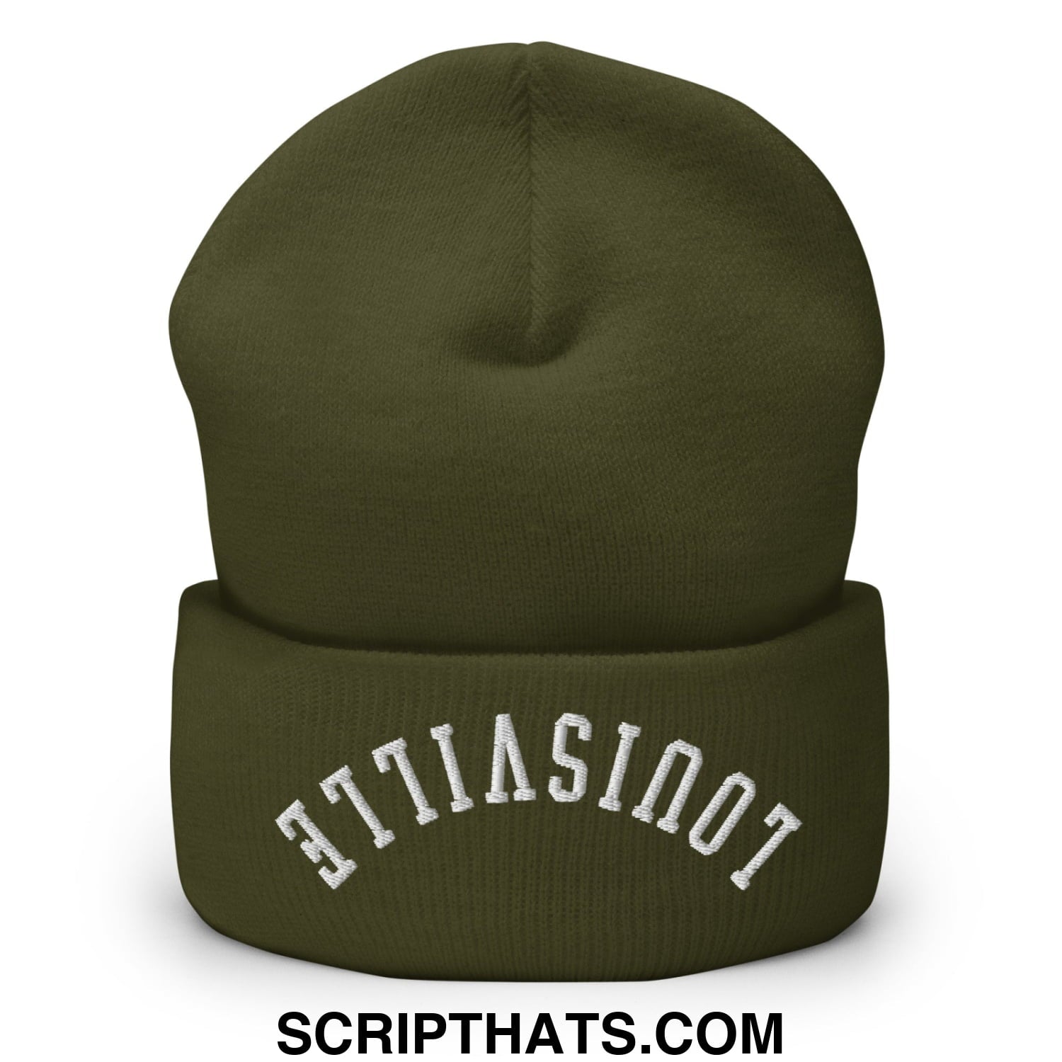 Olive green knit beanie with white embroidered atlantis arch on cuff from upside down louisville collection