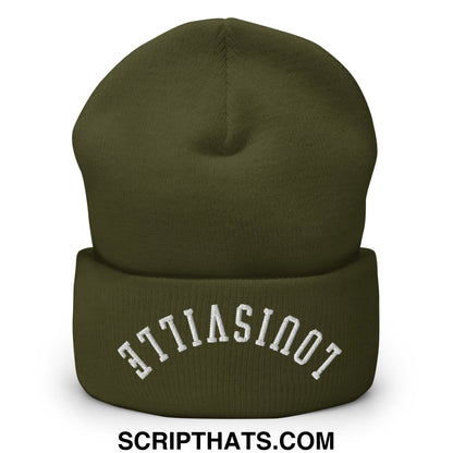 Olive green knit beanie with white embroidered atlantis arch on cuff from upside down louisville collection