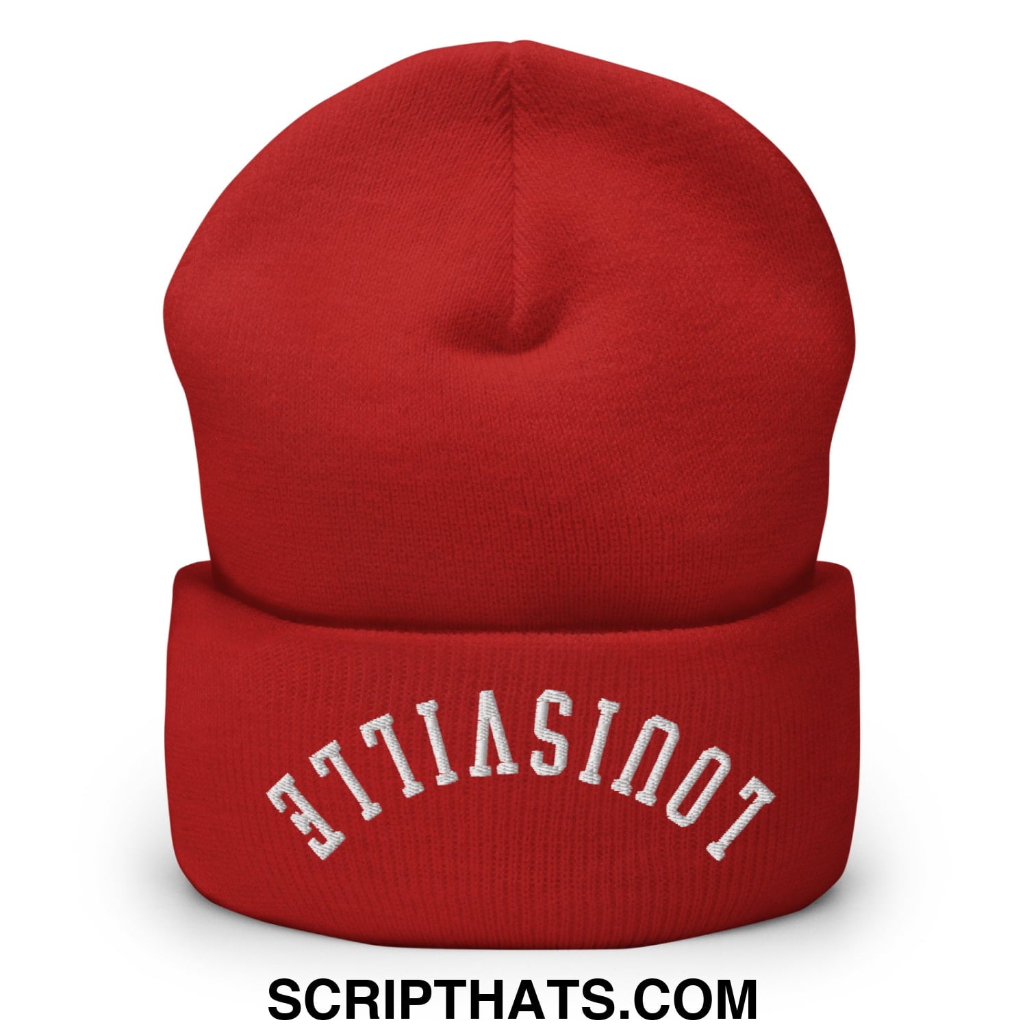 Red knit cuffed beanie with white embroidered not a titan text in an arched design upside down Louisville style