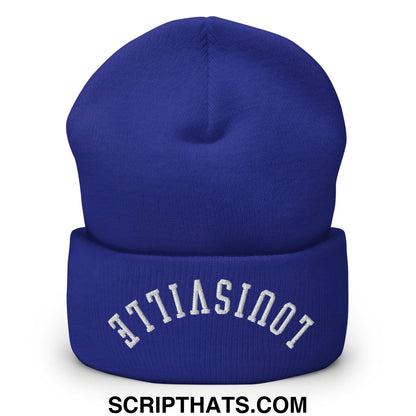 Royal blue knit beanie with white embroidered atlantic on the cuff from upside down louisville collection