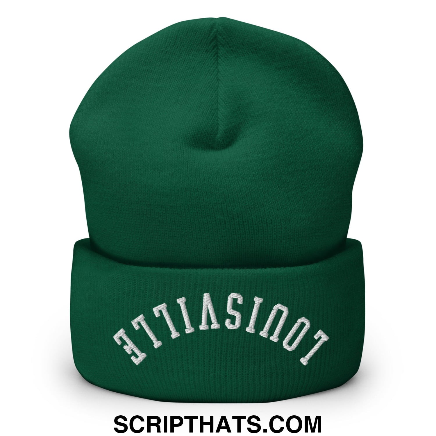 Deep green knit beanie with white embroidered not in the attic text on the folded cuff upsidedown louisville design