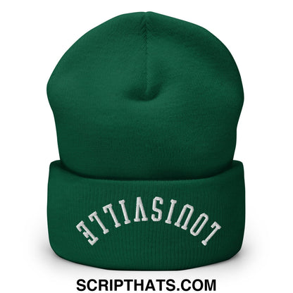 Deep green knit beanie with white embroidered not in the attic text on the folded cuff upsidedown louisville design