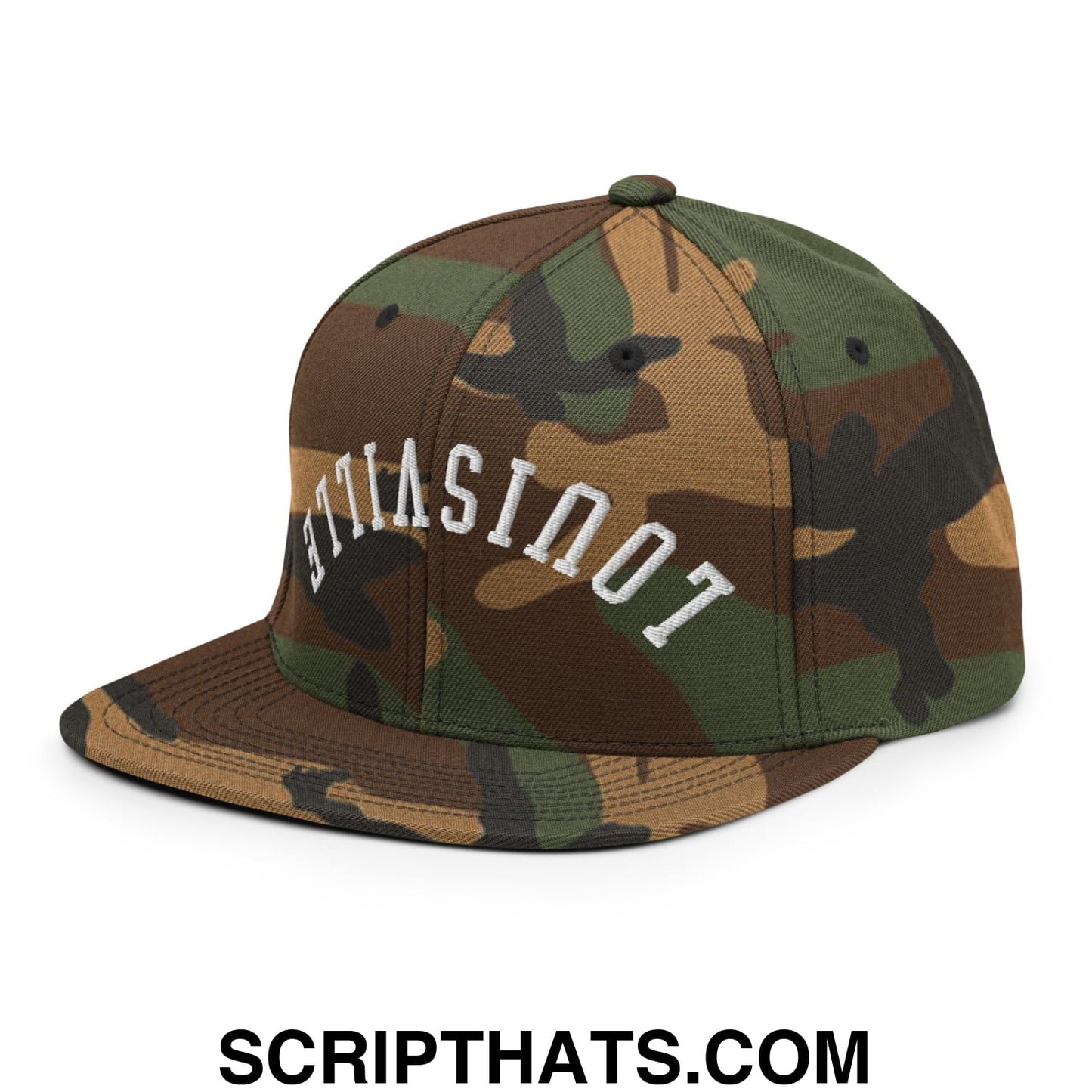 Upside Down Louisville Embroidered Flat Bill Brim Snapback Hat Green Camo