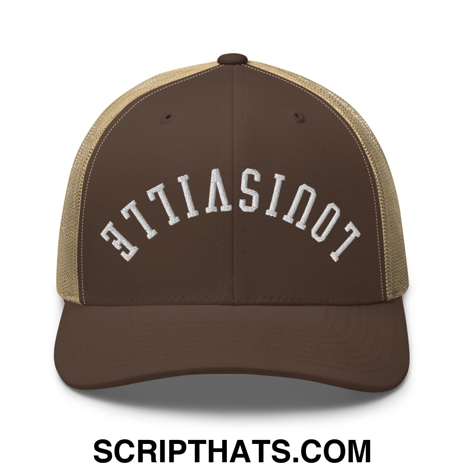 Upside Down Louisville Embroidered Mesh Trucker Hat Brown Khaki