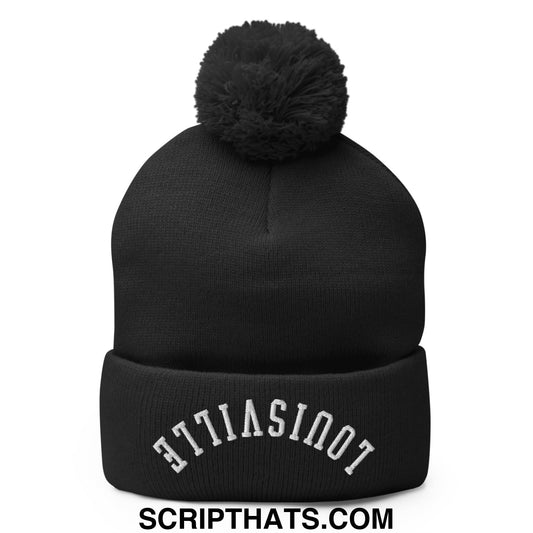 Upside Down Louisville Embroidered Pom Pom Knit Beanie Black