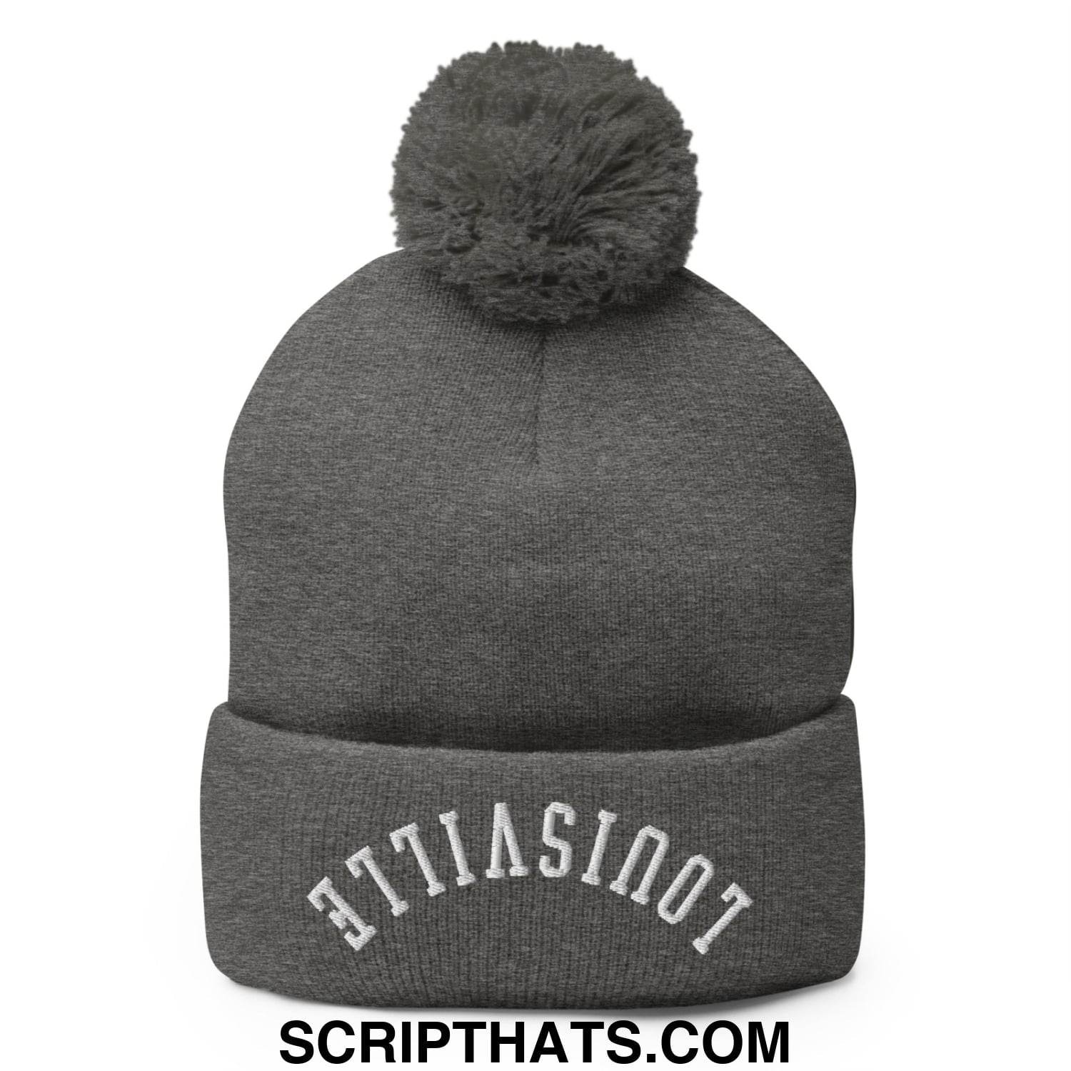 Gray knit beanie with matching fuzzy pom pom and white embroidered not as i text on the cuff upside down louisville style