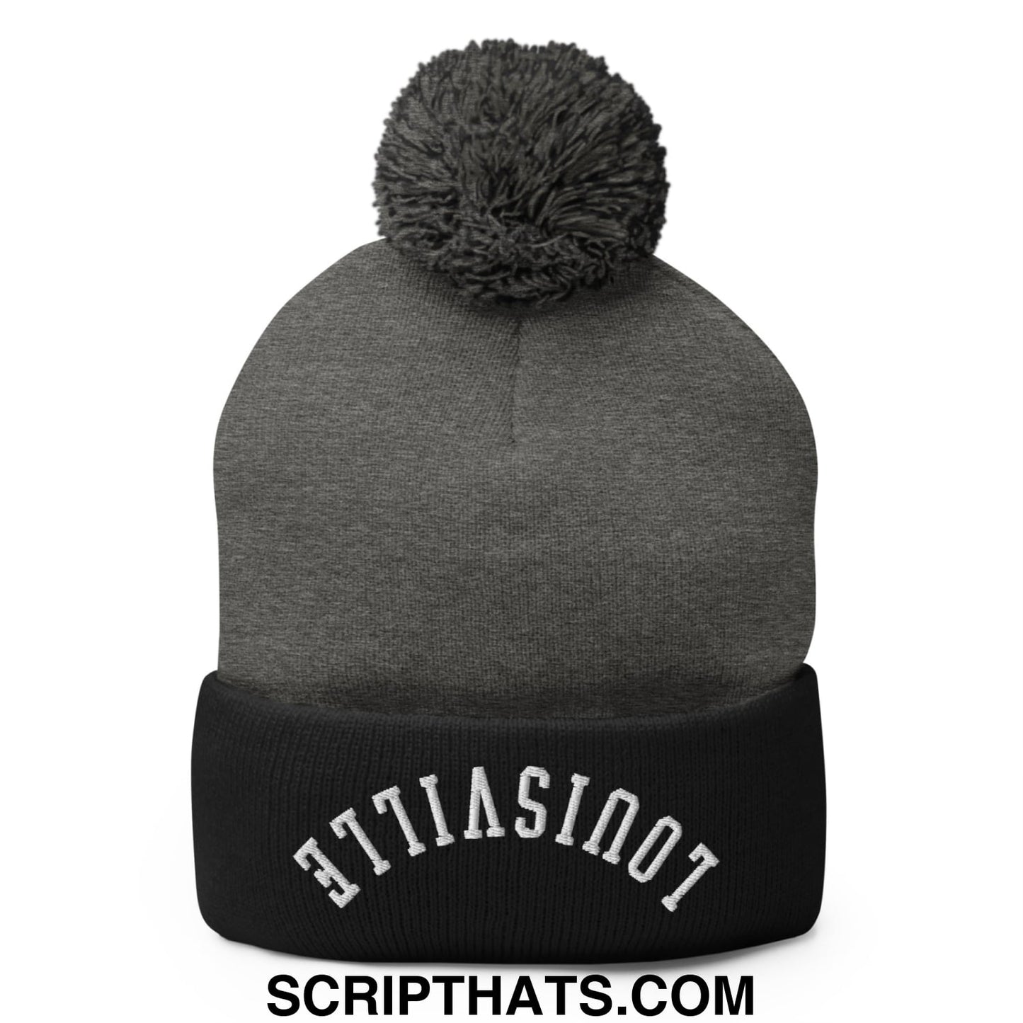 Gray knit beanie with black ribbed cuff and white upside down louisville embroidered lettering topped with gray pom pom