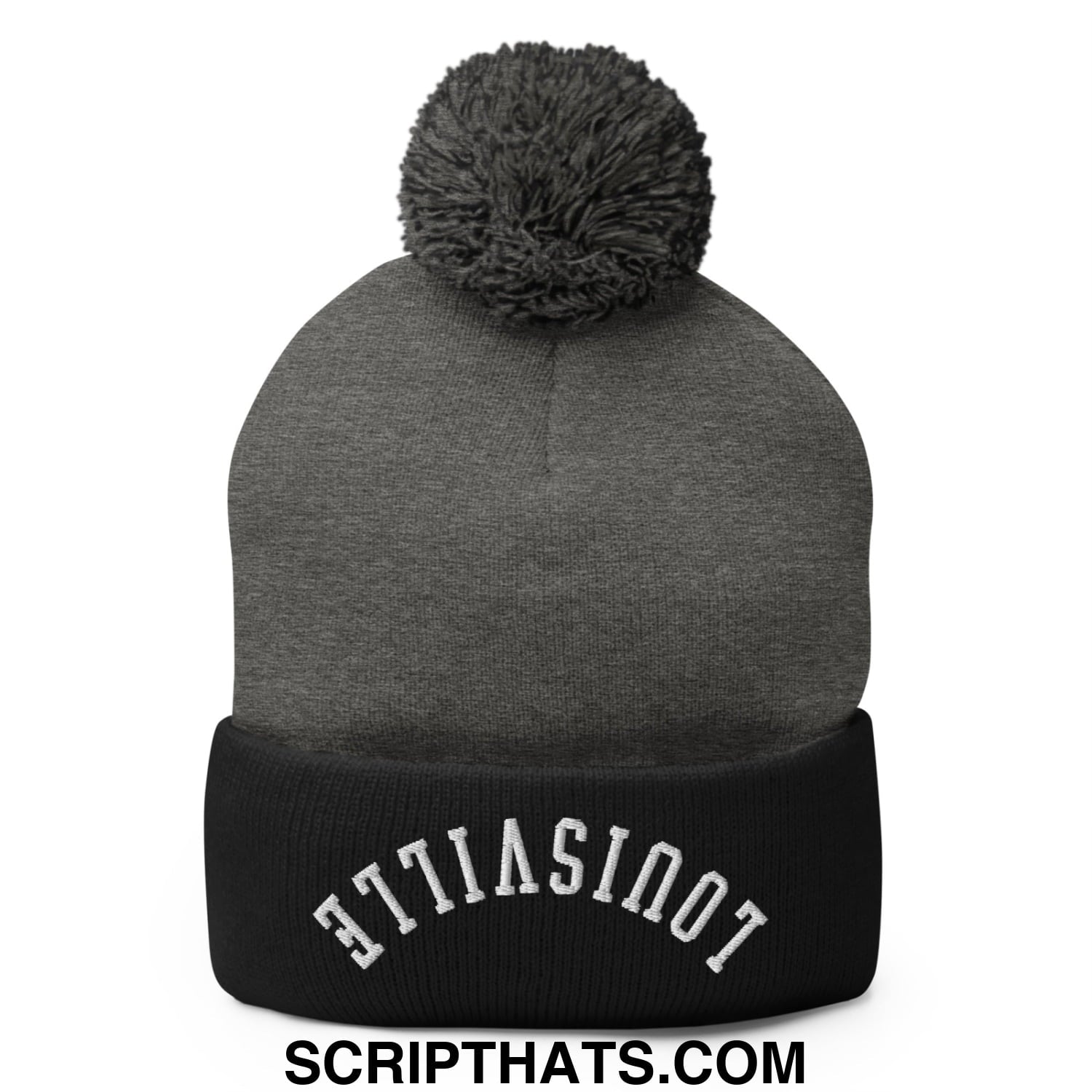 Gray knit beanie with black ribbed cuff and white upside down louisville embroidered lettering topped with gray pom pom