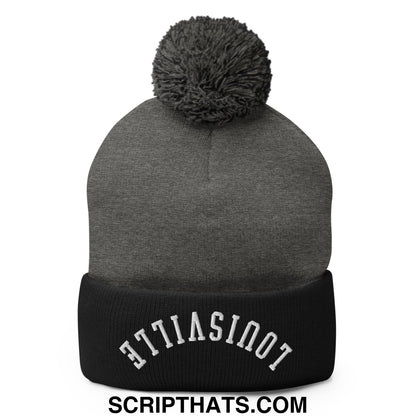 Gray knit beanie with black ribbed cuff and white upside down louisville embroidered lettering topped with gray pom pom