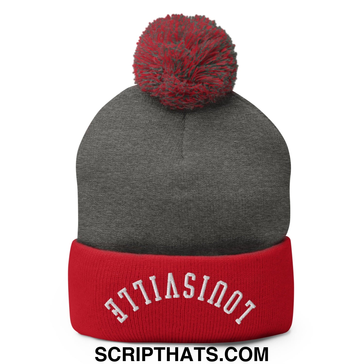 Gray and red knit beanie with pom pom and upside down louisville embroidery on the folded cuff