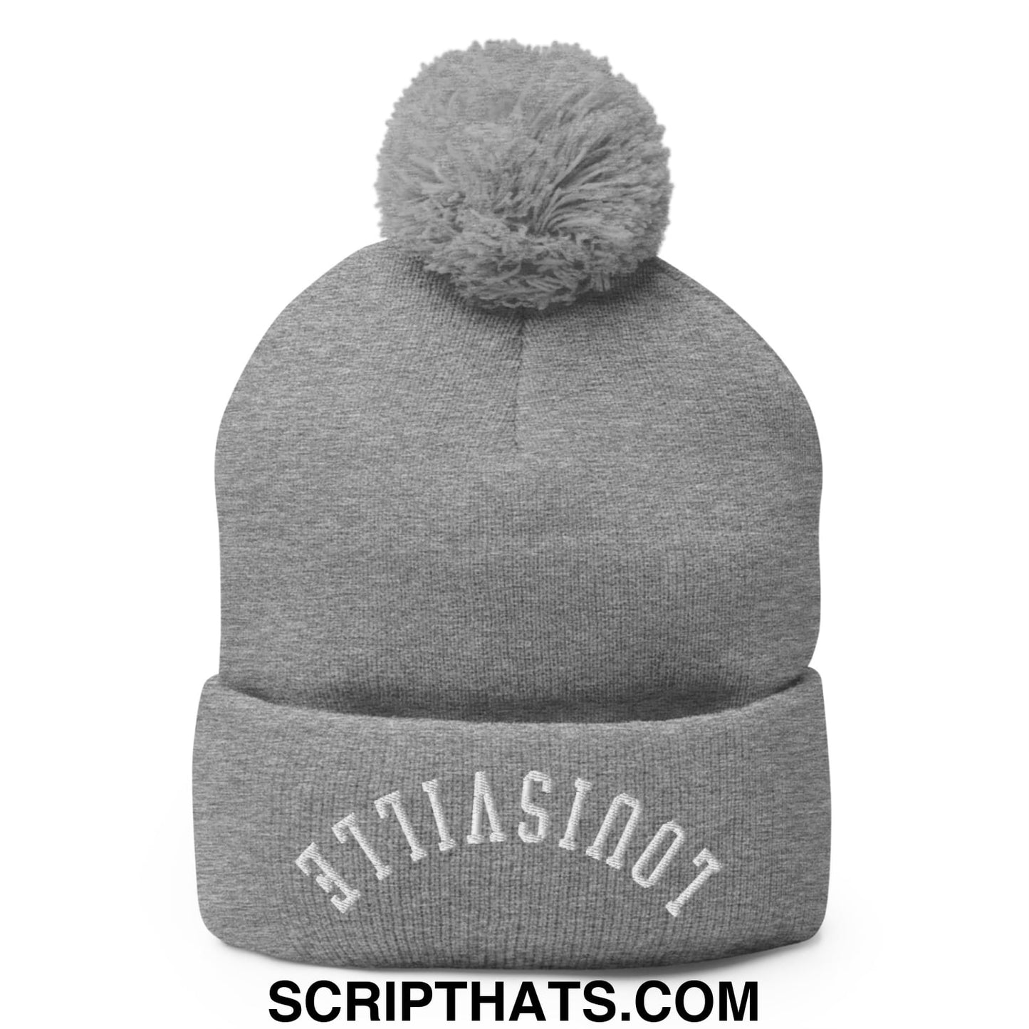 Gray knit pom pom beanie with white embroidered not a titan text on cuff upside down louisville design