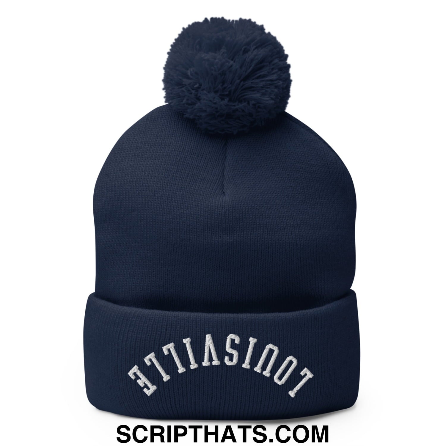Navy blue knit beanie with a fluffy pom pom and white embroidered tourist text on the cuff, upside down Louisville design