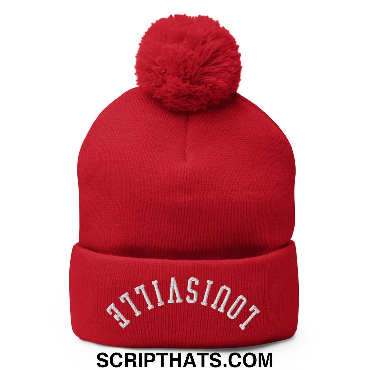 Red knitted beanie with a fluffy pom pom and white embroidered louisville on the cuff, upside down style