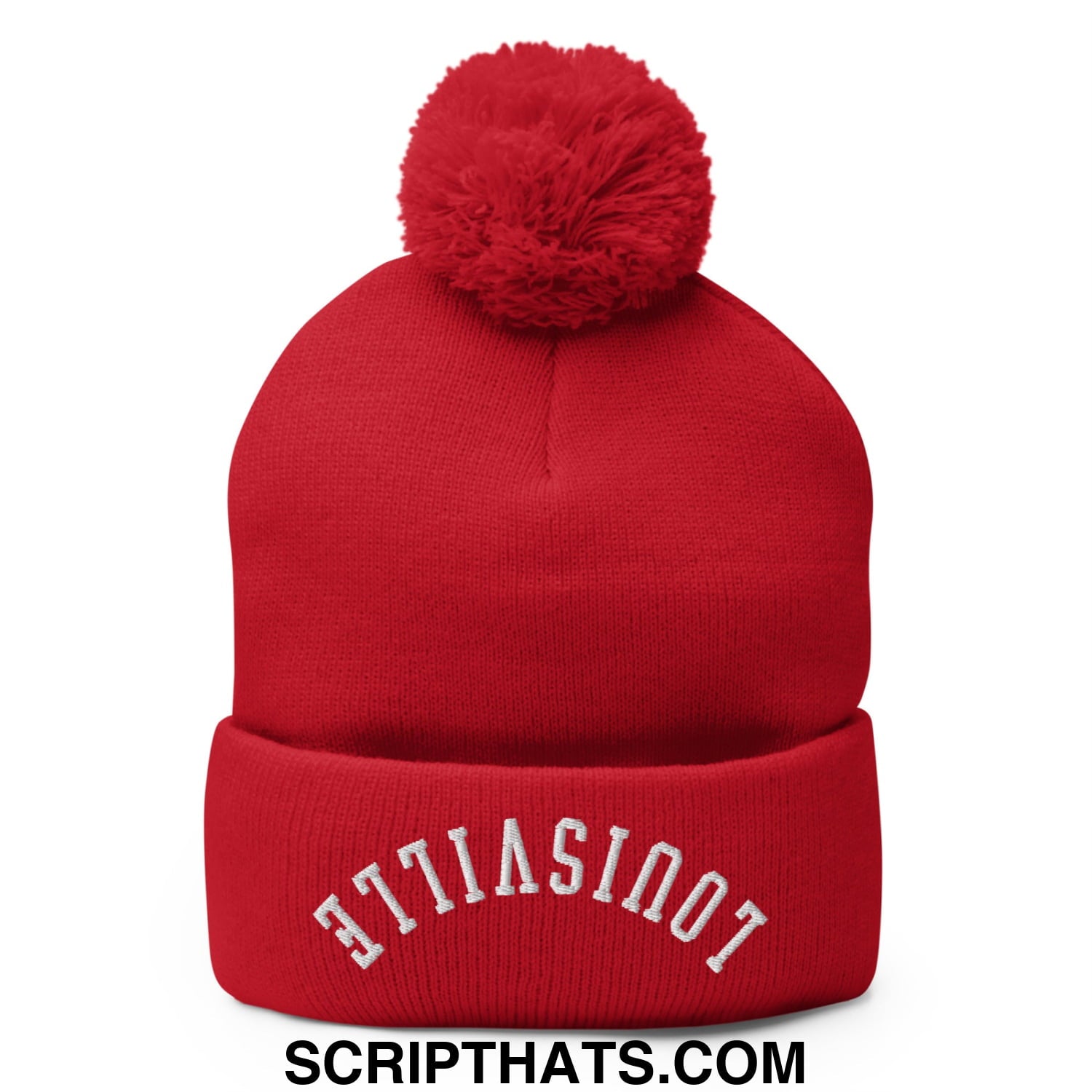 Red knitted beanie with a fluffy pom pom and white embroidered louisville on the cuff, upside down style