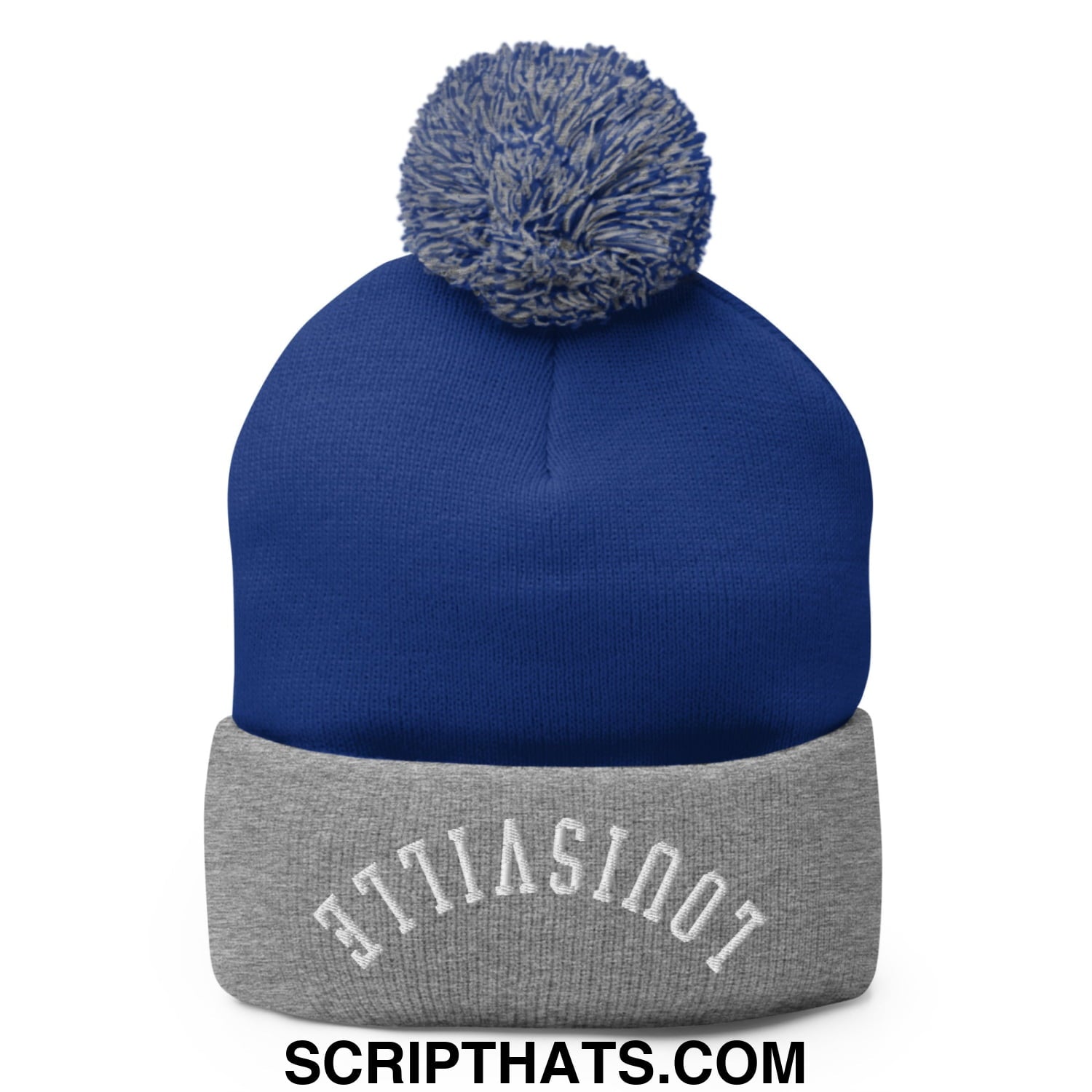Royal blue knit beanie with gray brim and pom pom embroidered atlas in white upside down louisville style
