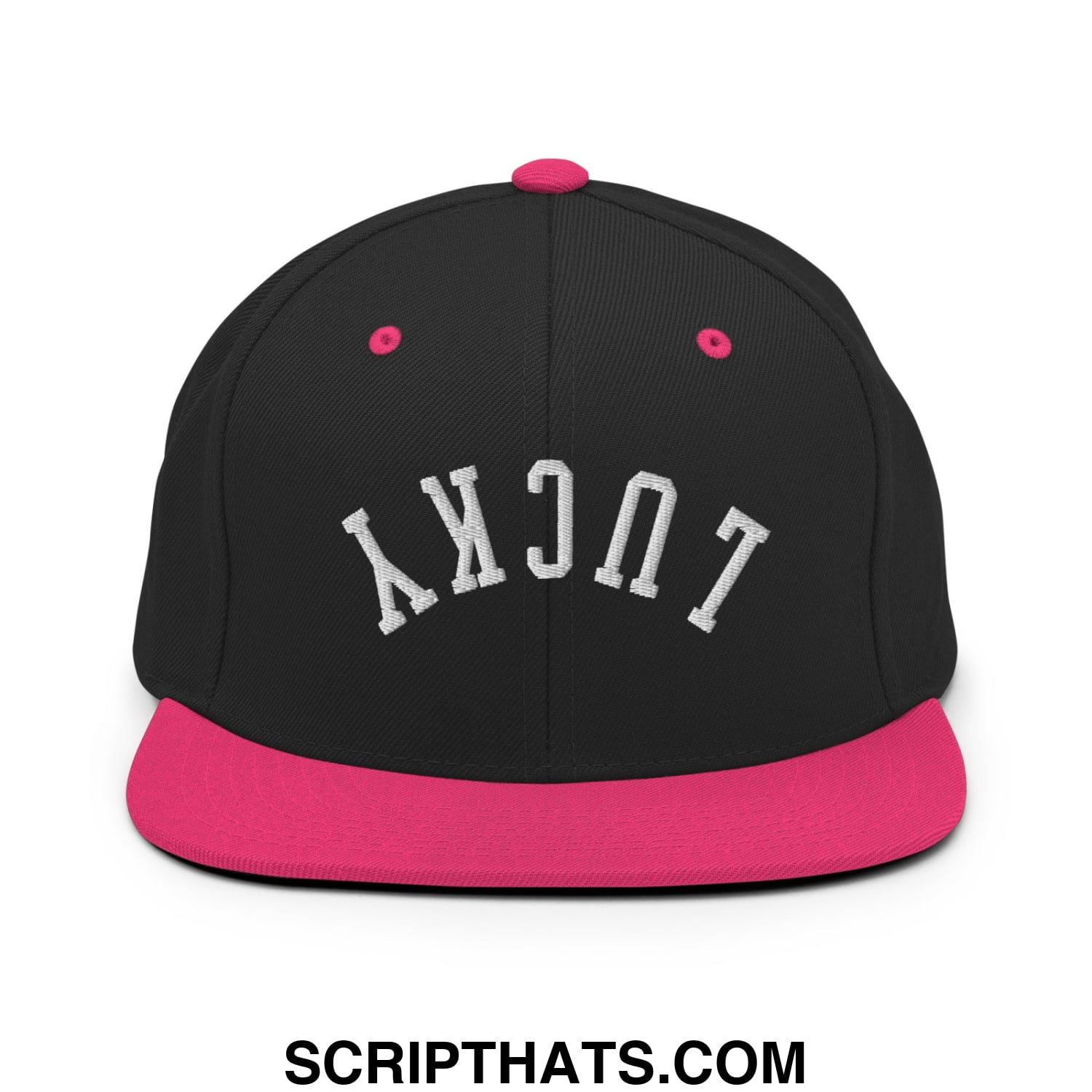 Black snapback hat with pink flat bill and button featuring white upside down lucky embroidered lettering