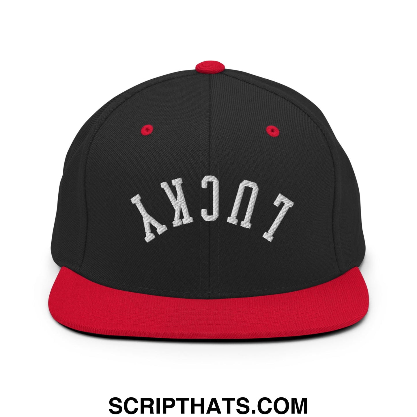 Upside Down Lucky Embroidered Flat Bill Brim Snapback Hat Black Red