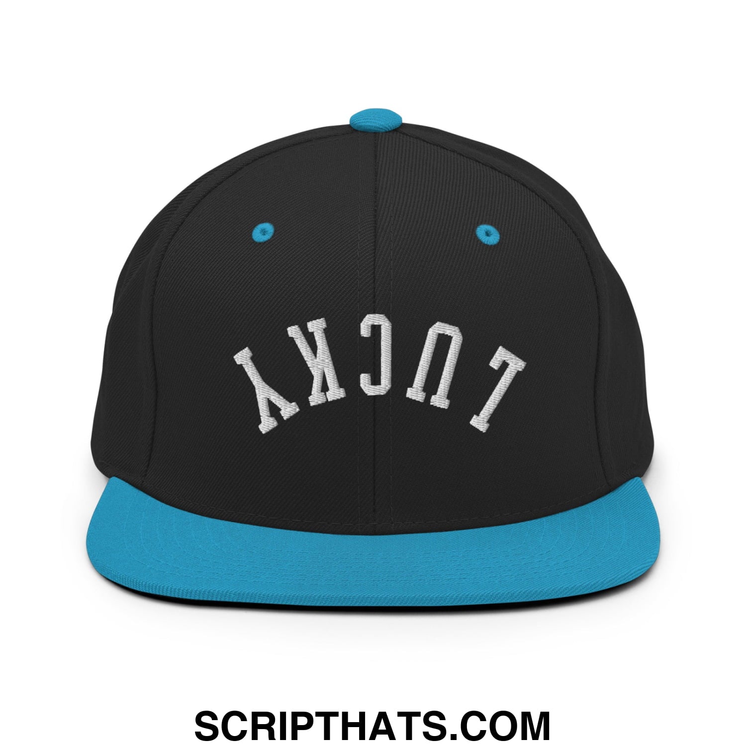 Black snapback hat with teal flat bill brim and button, featuring lucky embroidered in white arched lettering
