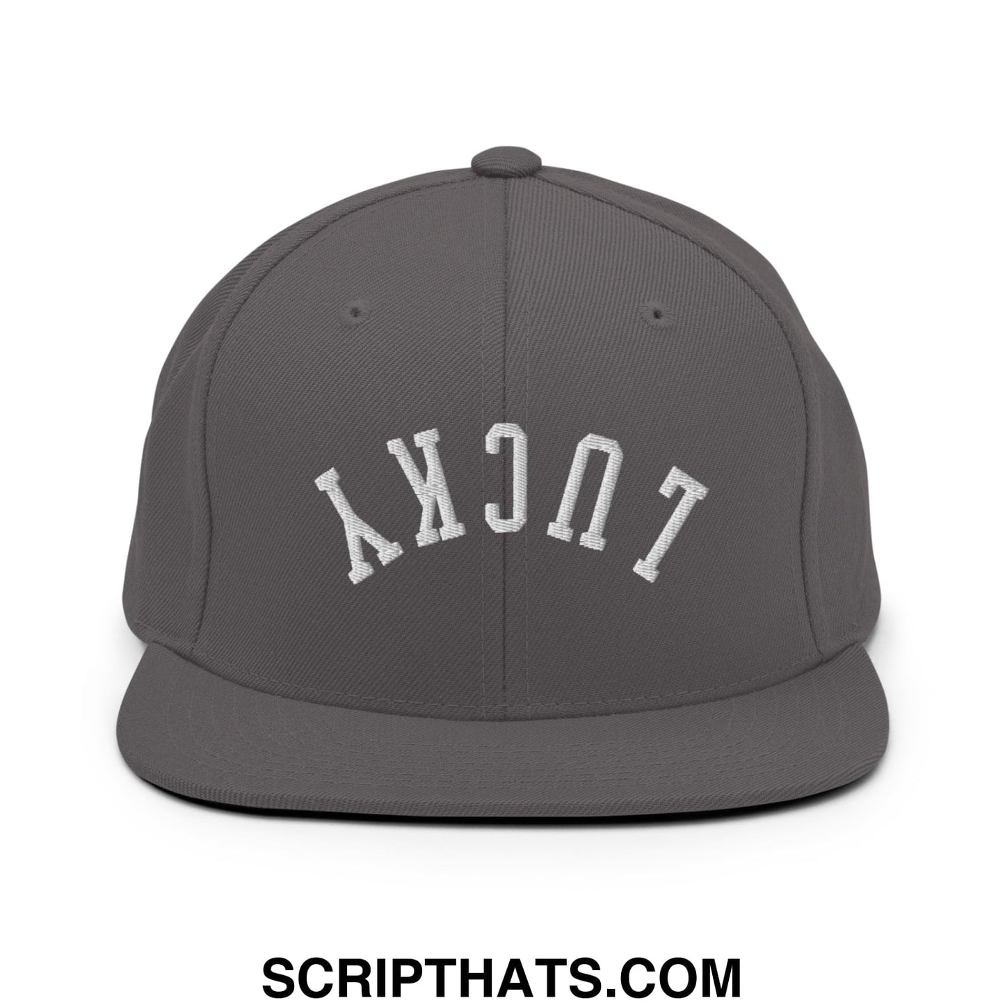 Gray snapback cap with white embroidered lucky lettering in an arched design and flat bill brim