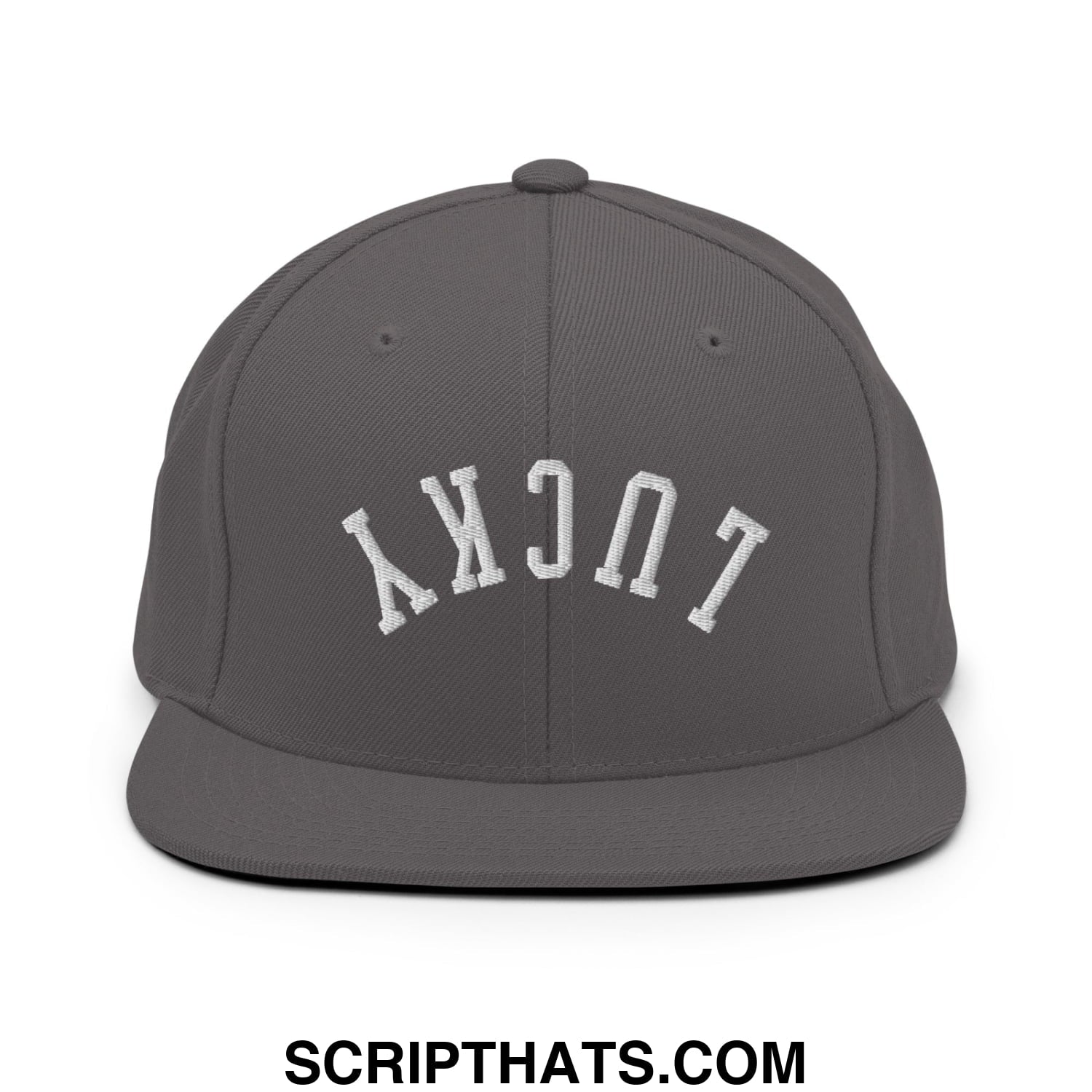 Gray snapback cap with white embroidered lucky lettering in an arched design and flat bill brim