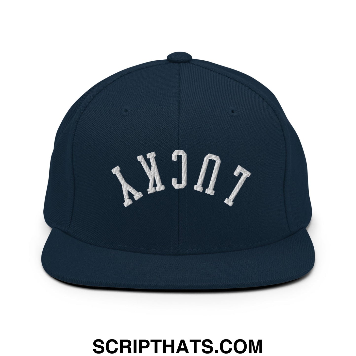 Navy blue snapback cap with white embroidered lucky lettering in an arched design and flat bill brim