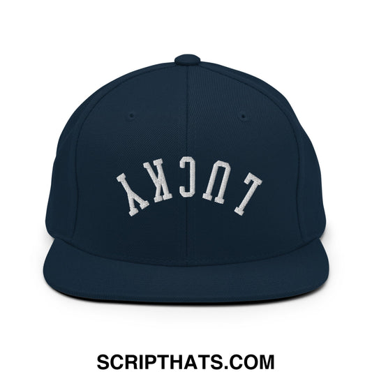 Upside Down Lucky Embroidered Flat Bill Brim Snapback Hat Dark Navy