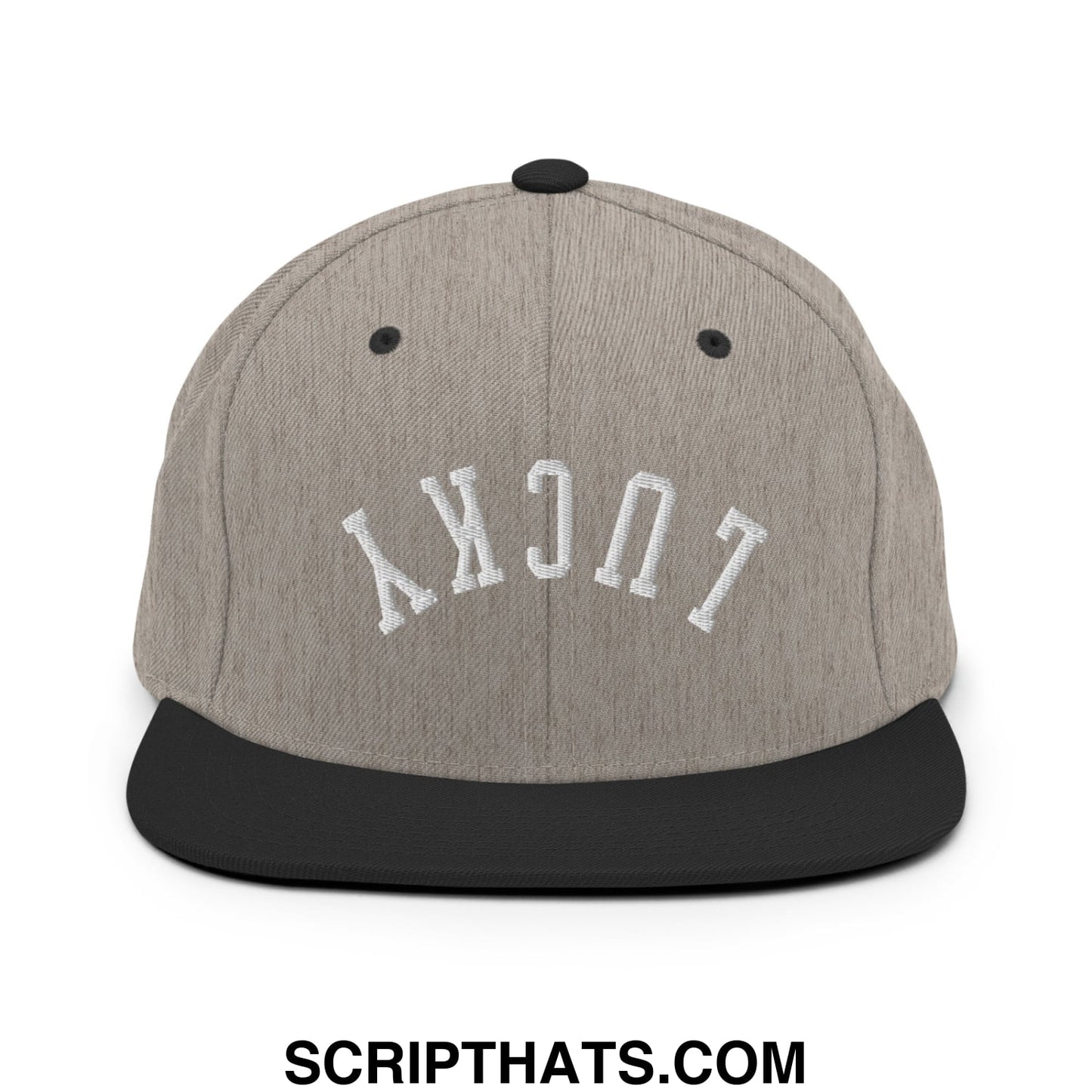 Gray and black snapback cap with white embroidered lucky lettering and flat bill brim in upside down style