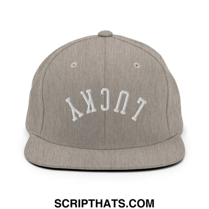 Gray heather snapback hat with white embroidered upside down lucky flat bill brim design