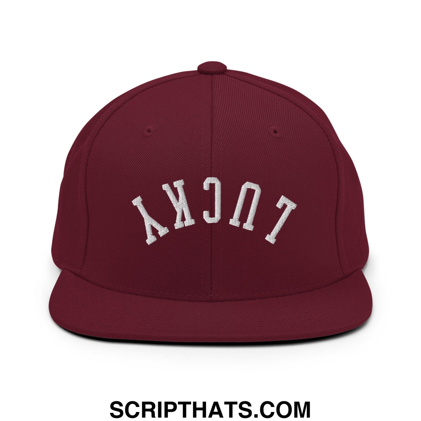 Maroon snapback hat with white embroidered lucky lettering and flat bill brim for stylish casual wear