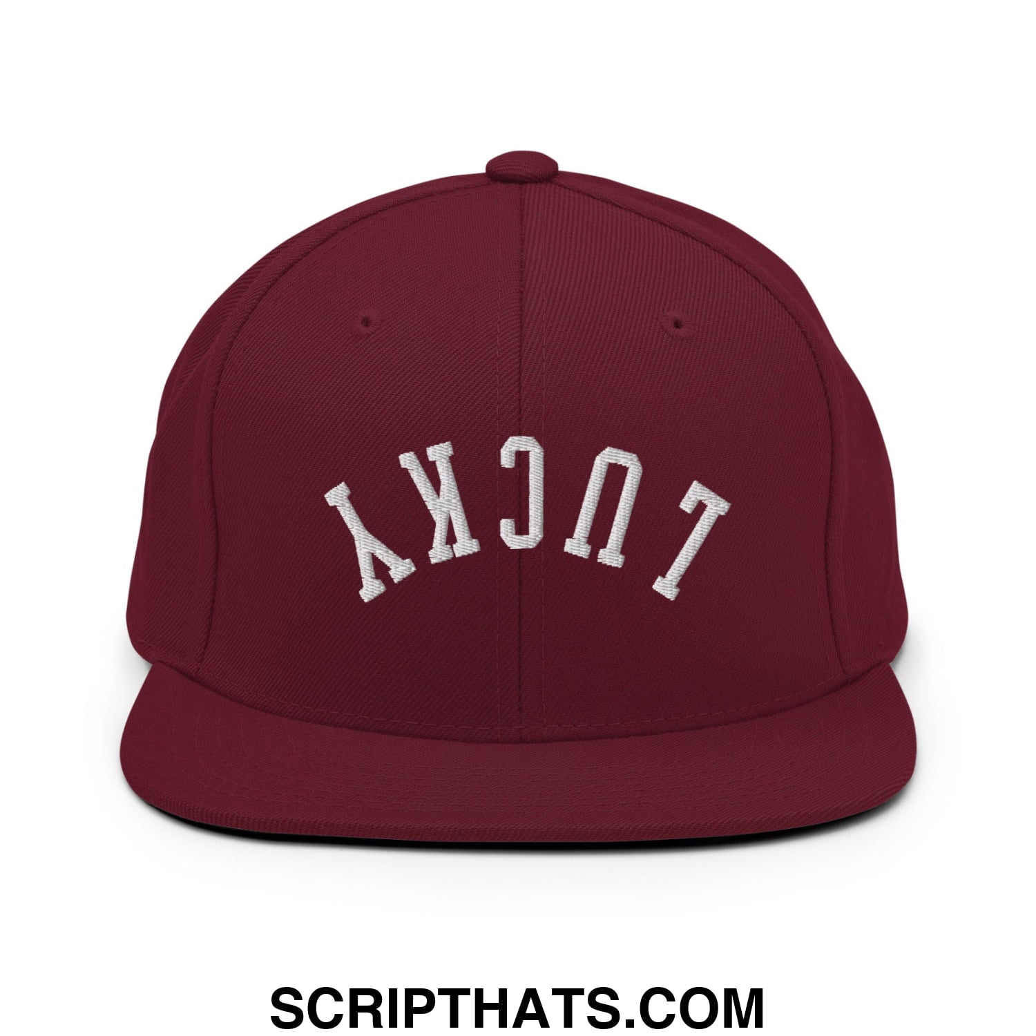 Maroon snapback hat with white embroidered lucky lettering and flat bill brim for stylish casual wear