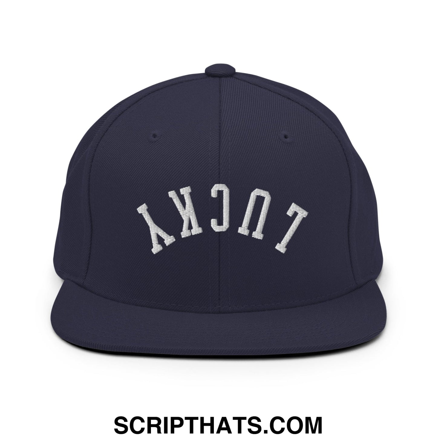 Navy blue snapback hat with white arched lucky embroidery and flat bill brim for casual wear