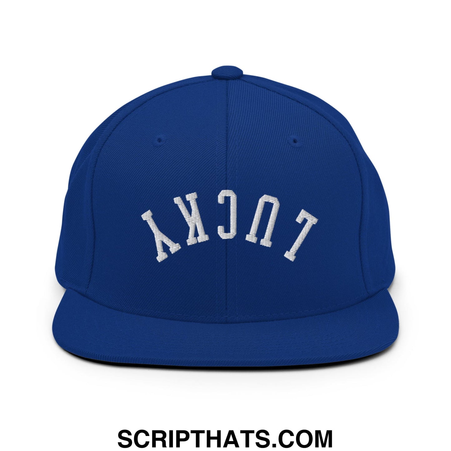 Royal blue snapback cap with white embroidered lucky lettering in a classic arched design flat bill brim hat