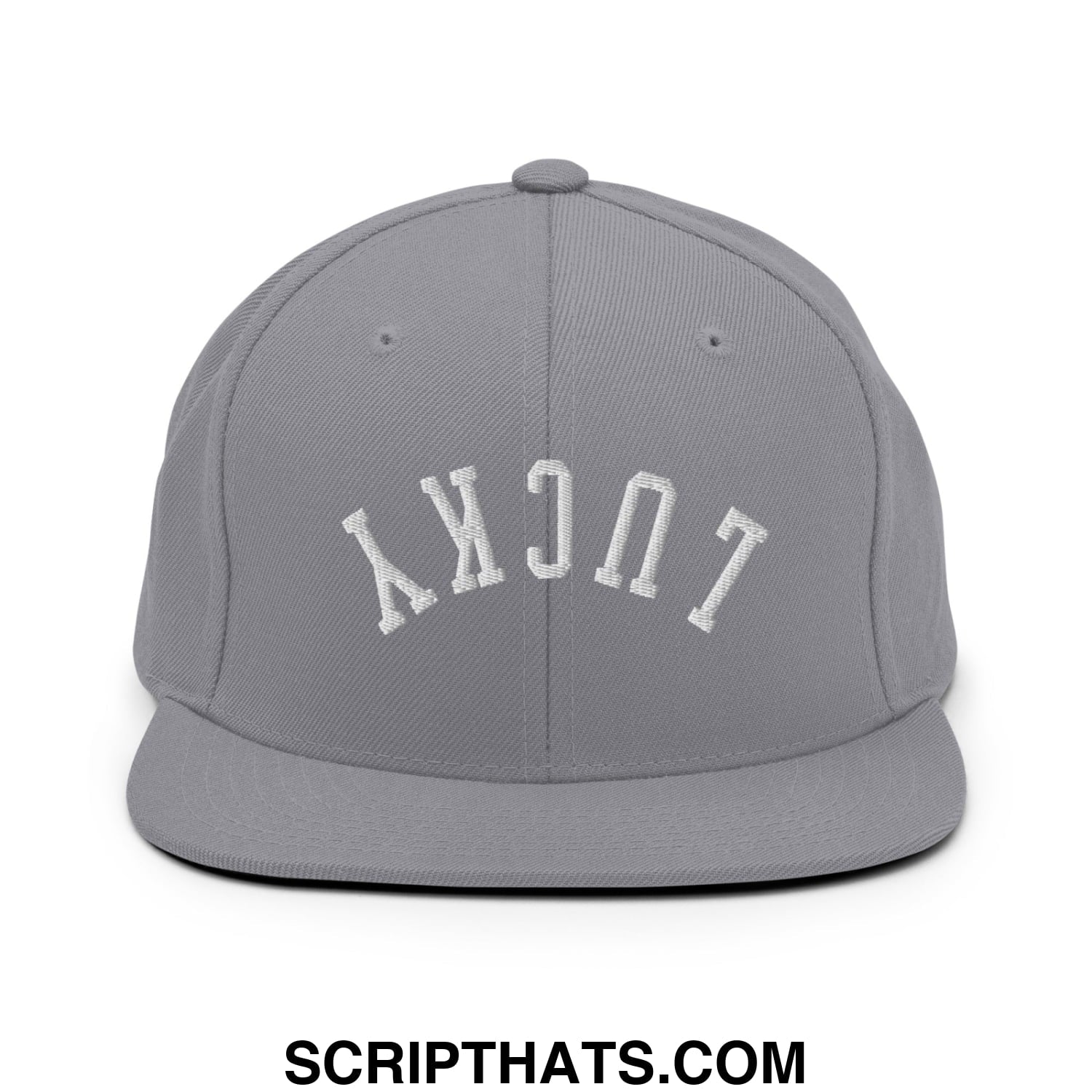 Gray snapback hat with white embroidered lucky lettering in arched design and flat bill brim for casual wear