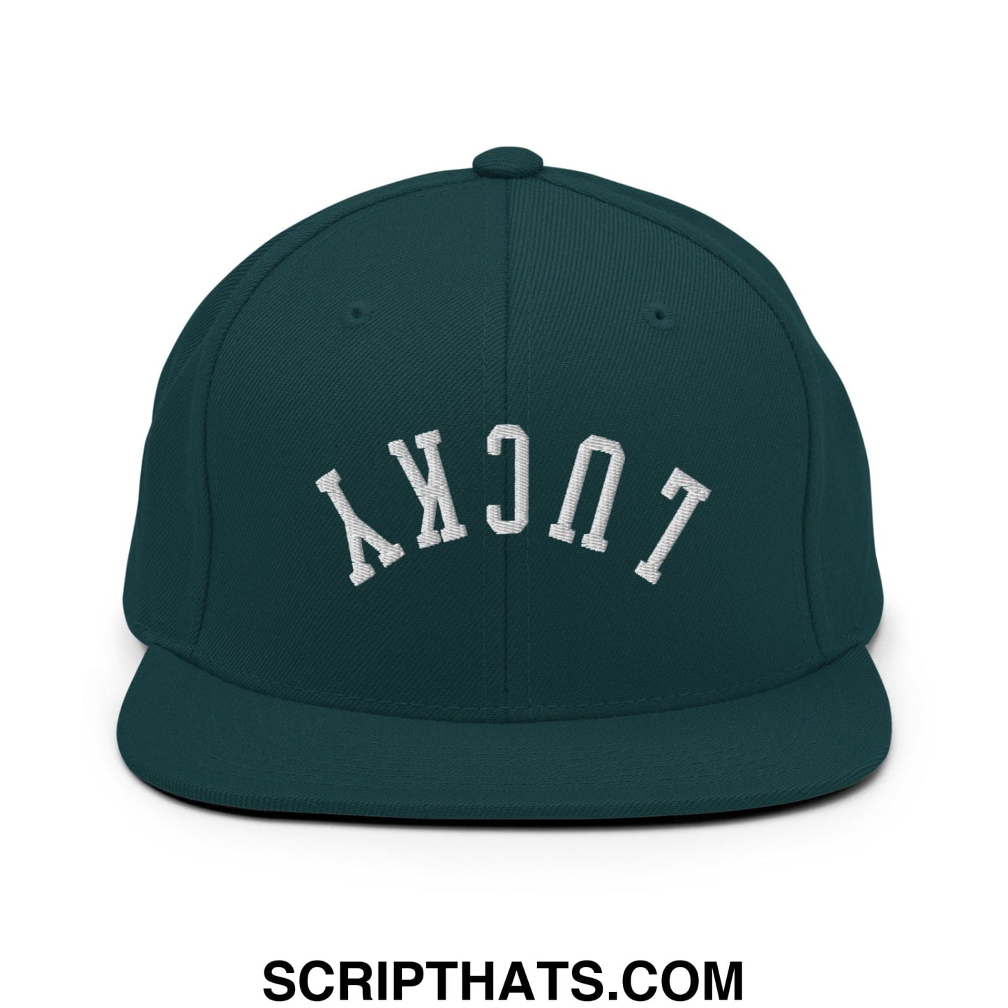 Dark green snapback hat with white embroidered lucky lettering and flat bill brim for casual wear