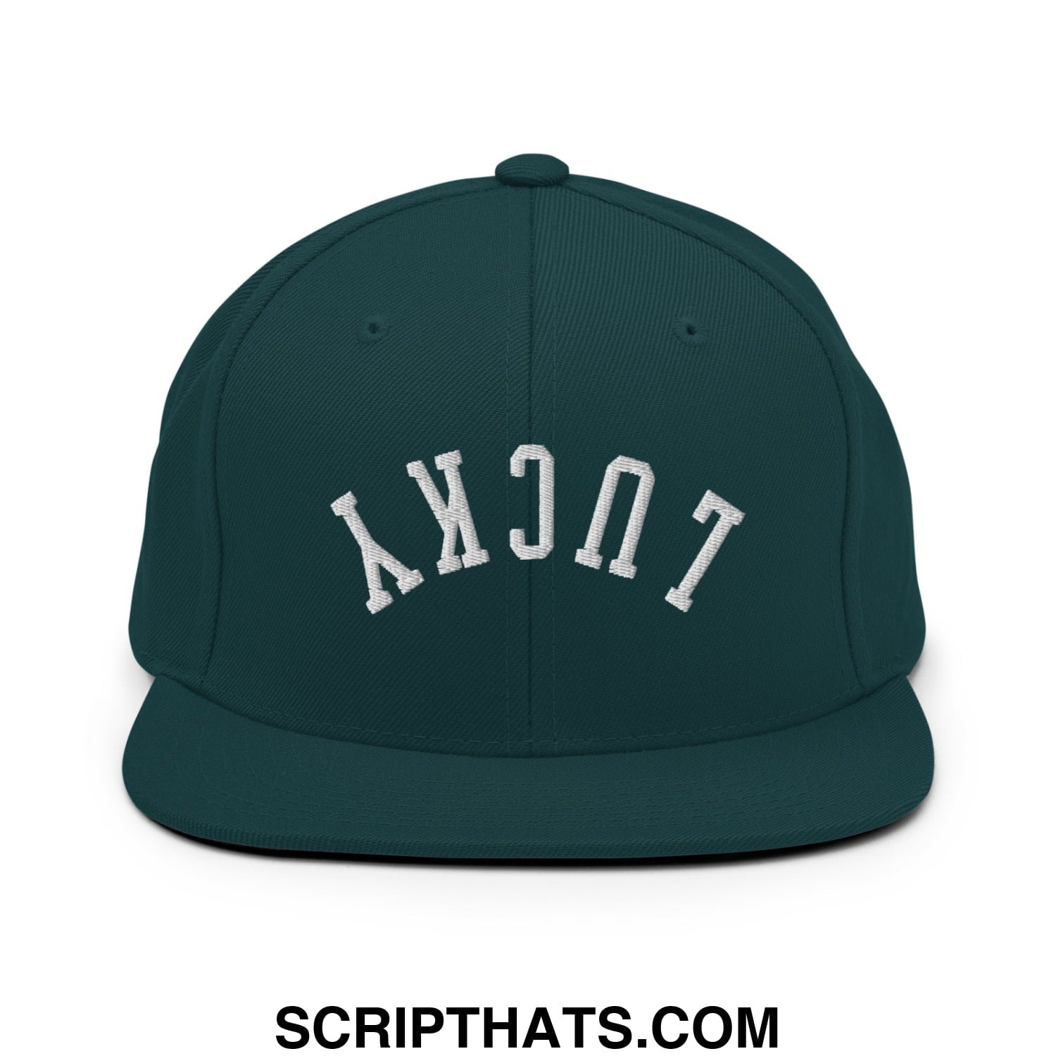 Dark green snapback hat with white embroidered lucky lettering and flat bill brim for casual wear