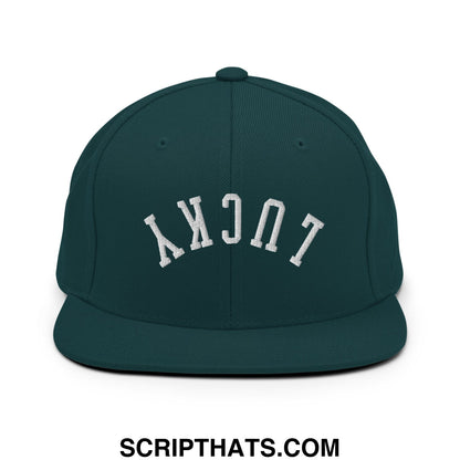 Dark green snapback hat with white embroidered lucky lettering and flat bill brim for casual wear