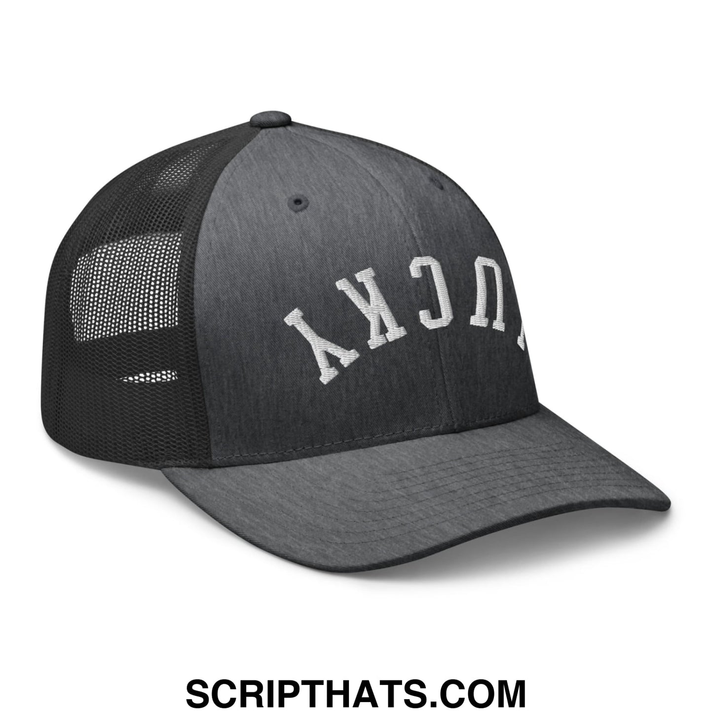 Black mesh trucker hat with white embroidered lucky lettering across the front from upside down lucky collection