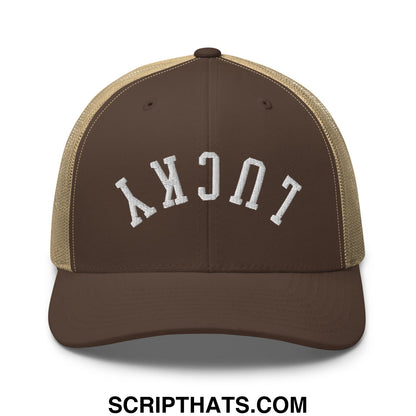 Brown and tan mesh trucker hat with white embroidered lucky lettering and upside down design