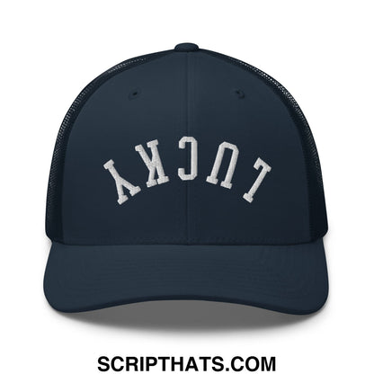 Navy blue mesh trucker hat with white embroidered lucky lettering in an arched design front view