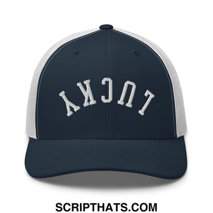 Navy blue and white mesh trucker hat with lucky embroidered in arched stitched lettering across the front