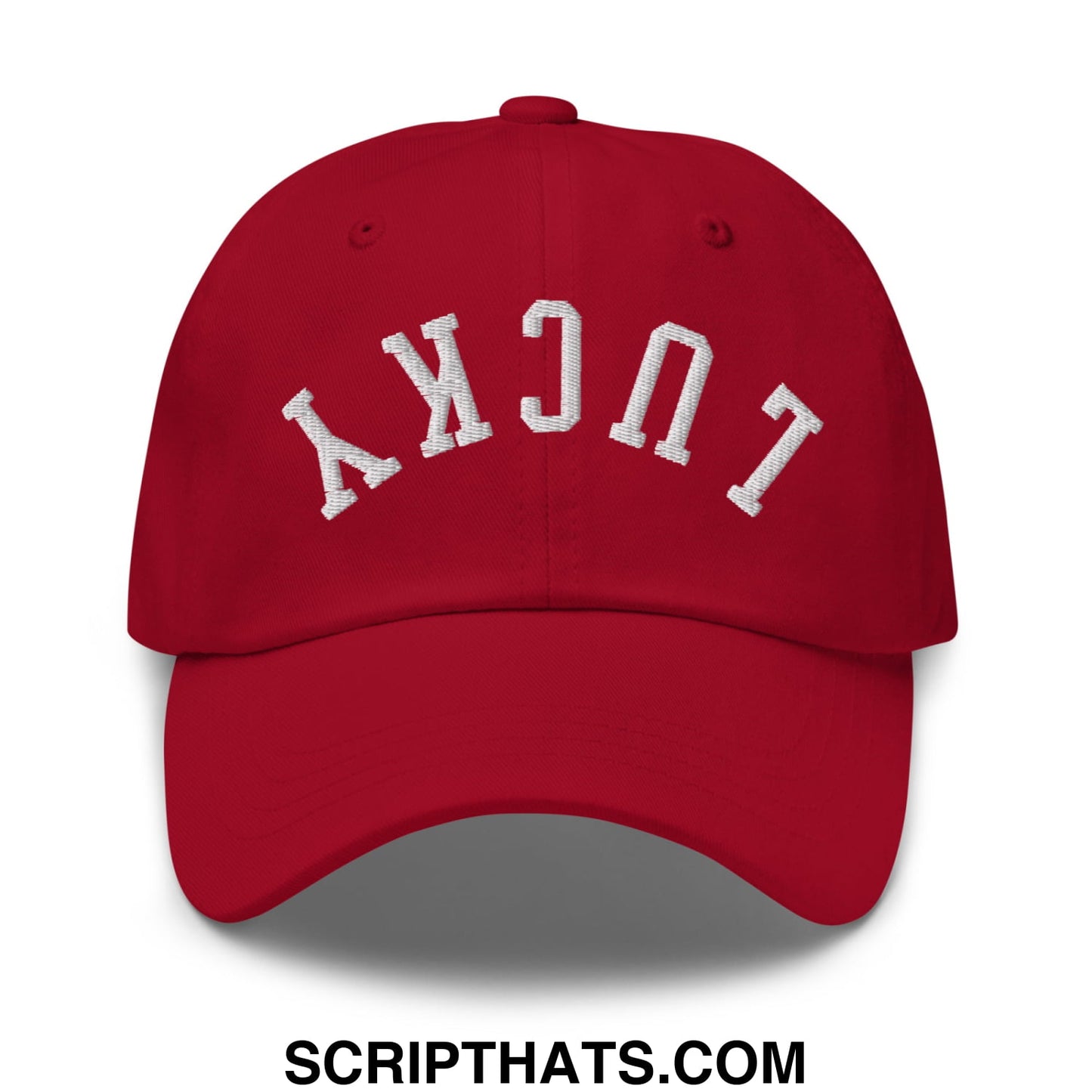 Red unstructured dad hat with white embroidered lucky lettering in an arched design, perfect casual baseball cap