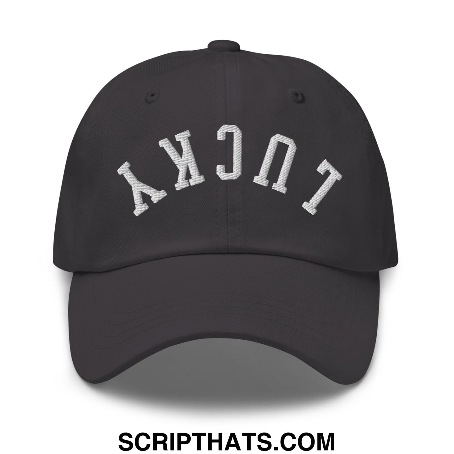 Black unstructured dad hat with white embroidered lucky lettering in a classic arched design