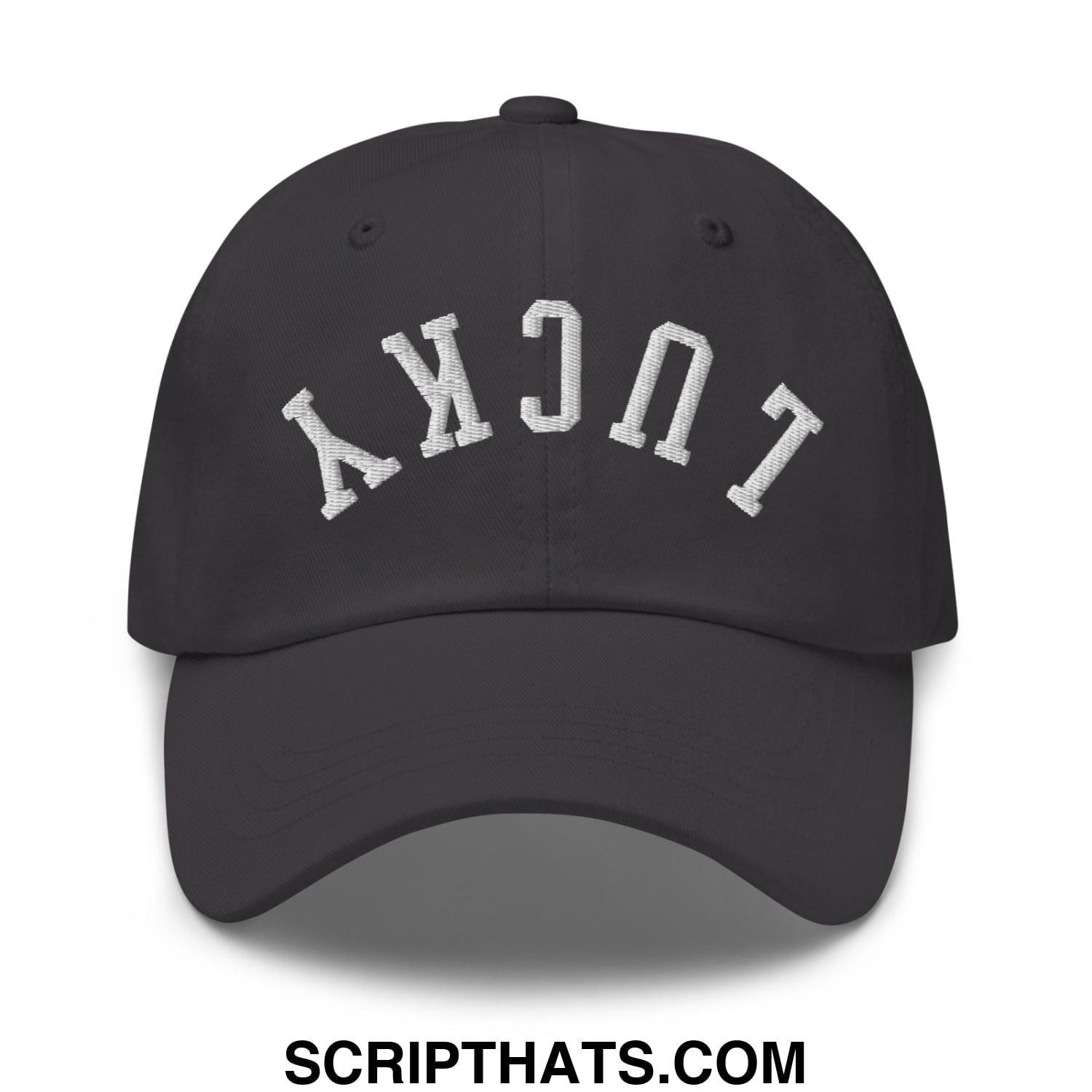Black unstructured dad hat with white embroidered lucky lettering in a classic arched design