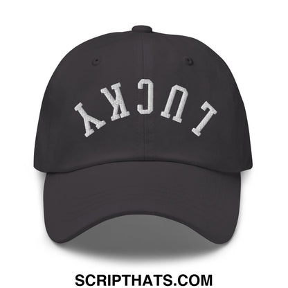 Black unstructured dad hat with white embroidered lucky lettering in a classic arched design