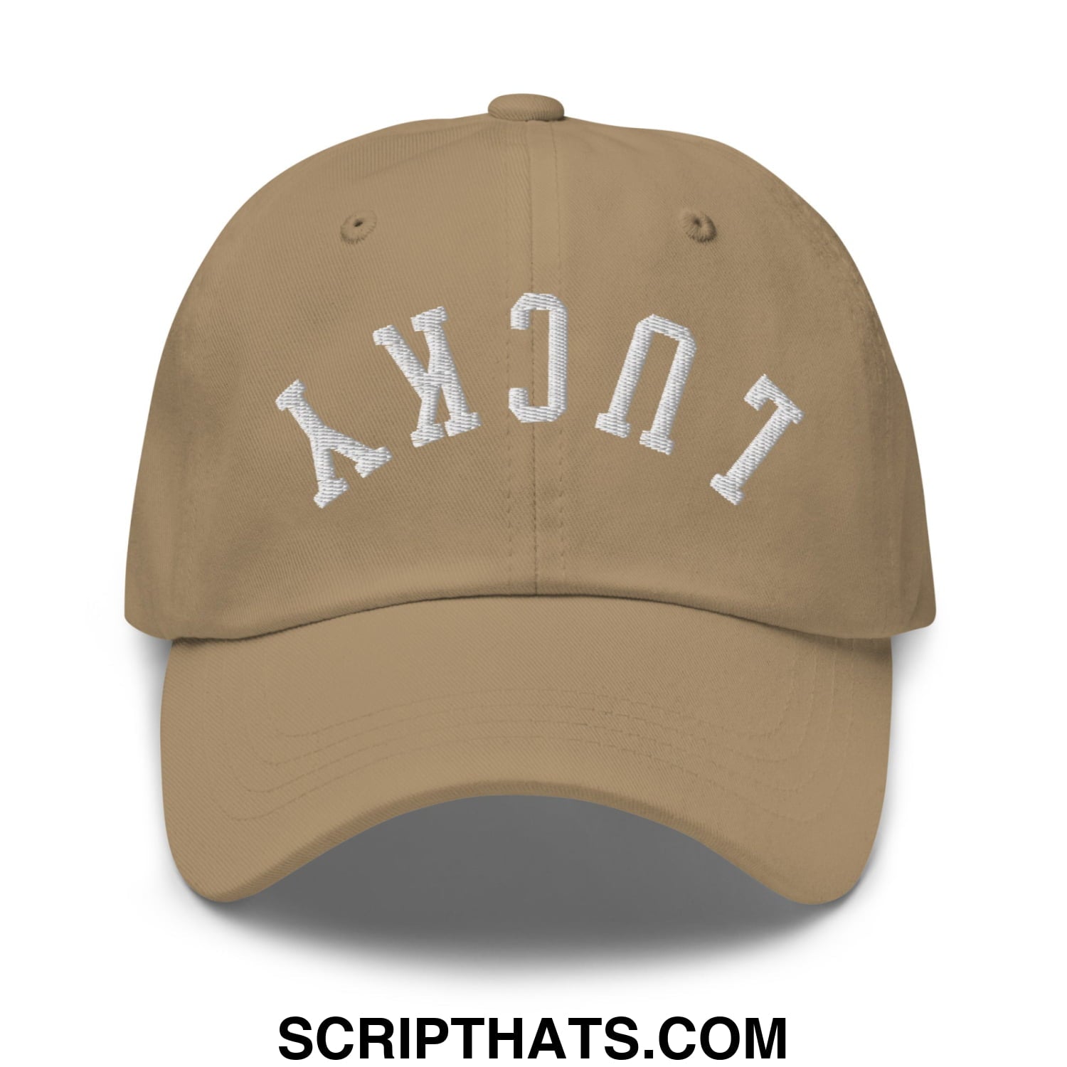Tan unstructured dad hat with white embroidered lucky arch on the front, perfect casual baseball cap